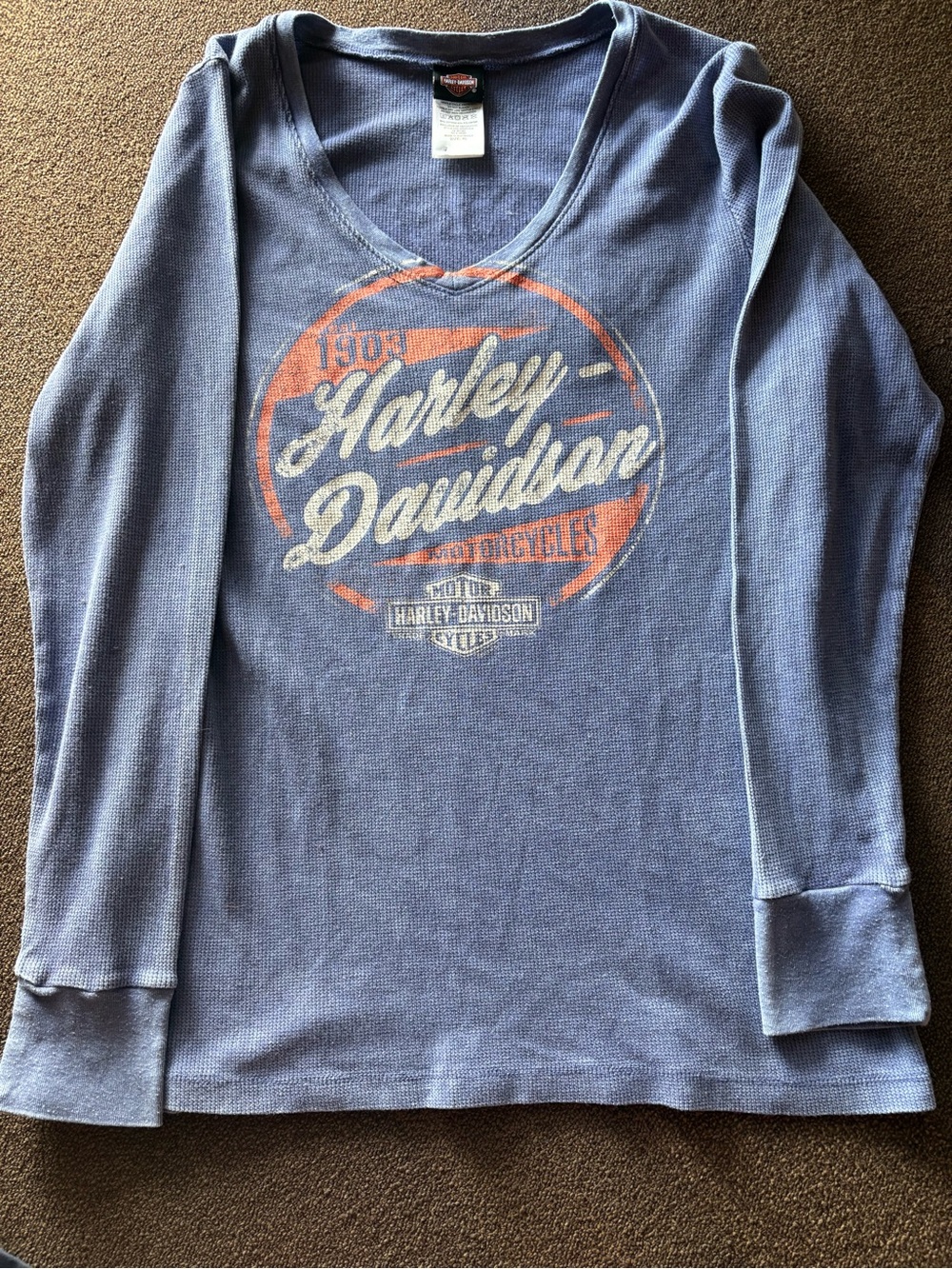 Harley-Davidson Blue Long Sleeve V-Neck Waffle Knit Top with Orange Graphic